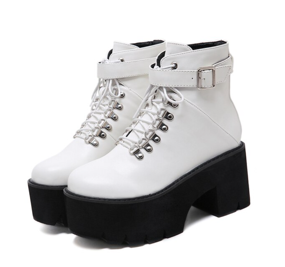 White Chunky Heels Chain Boots