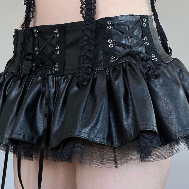 Faux Leather Low Rise Tie Up Skirt