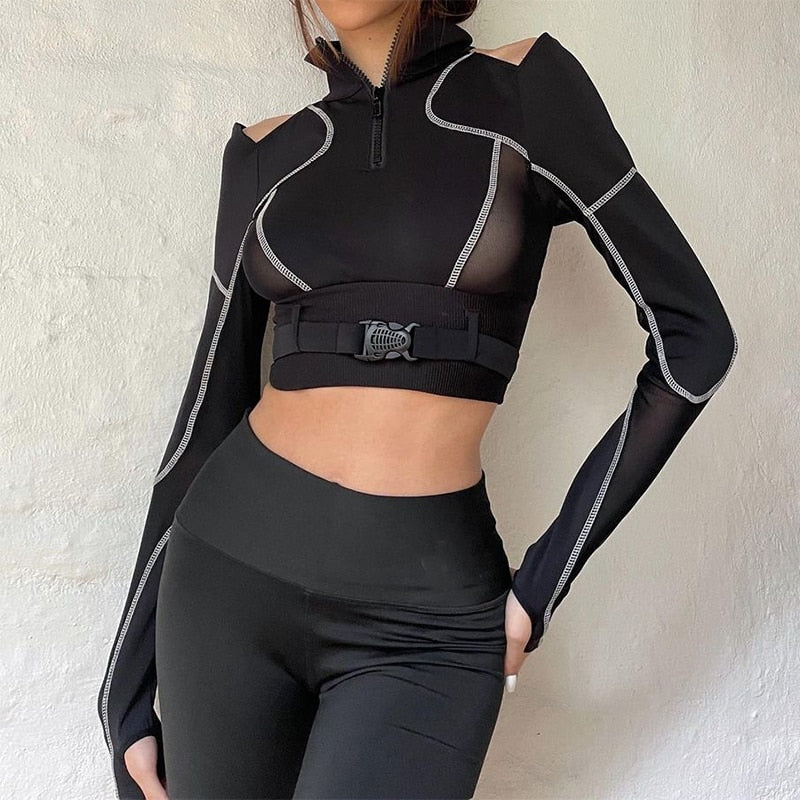 Hollow Out Shoulder Black Tops