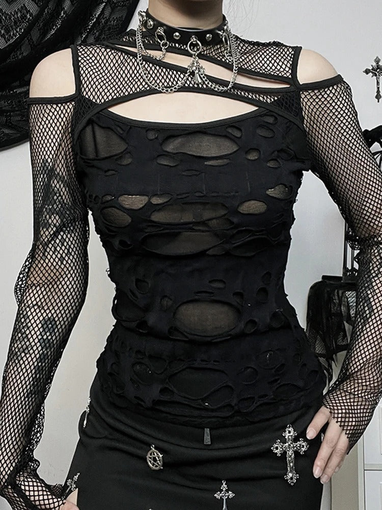 Fishnet Sheer Cut Out Tops