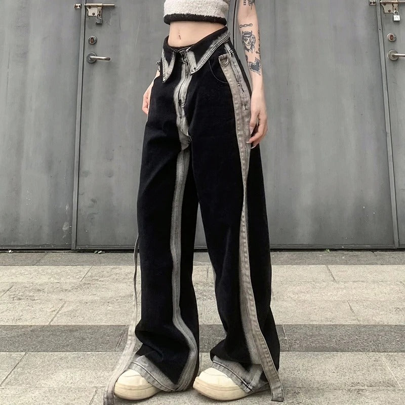 Ribbon Baggy Straight Denim Trousers