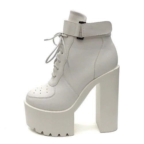 White High Heels Lace Up Ankle Boots