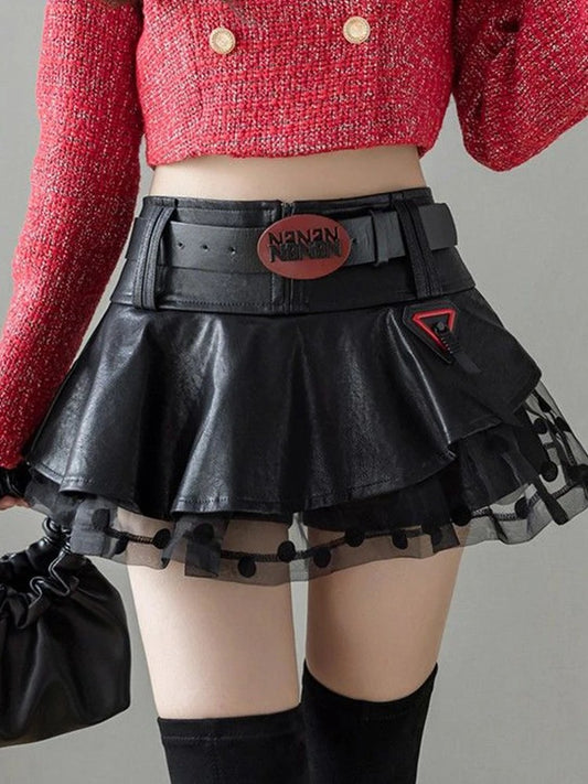 Mesh Patchwork Skirt with Belt