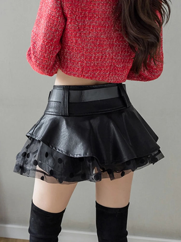 Mesh Patchwork Skirt with Belt