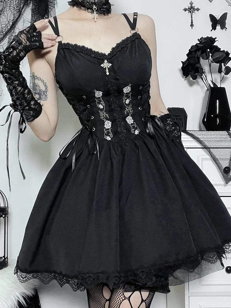 Black V Neck Lace Up Dress