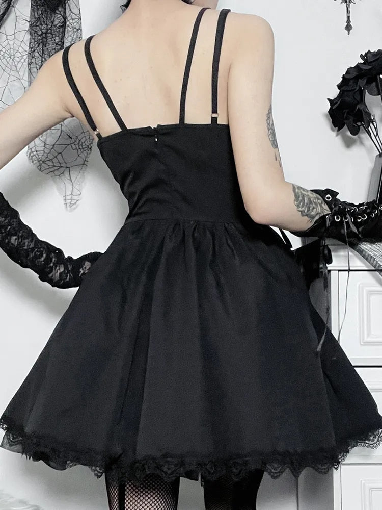 Black V Neck Lace Up Dress