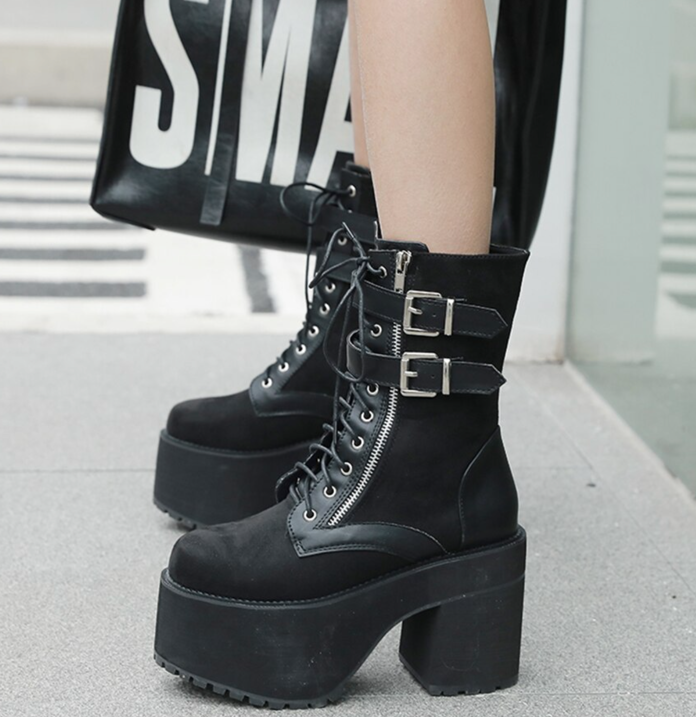 Buckle Strap Chunky Heels Platform Boots