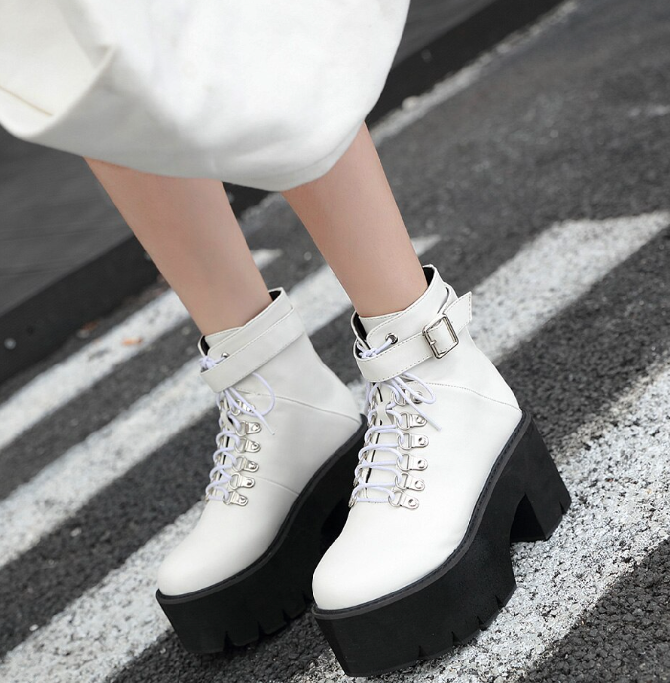 White Chunky Heels Chain Boots