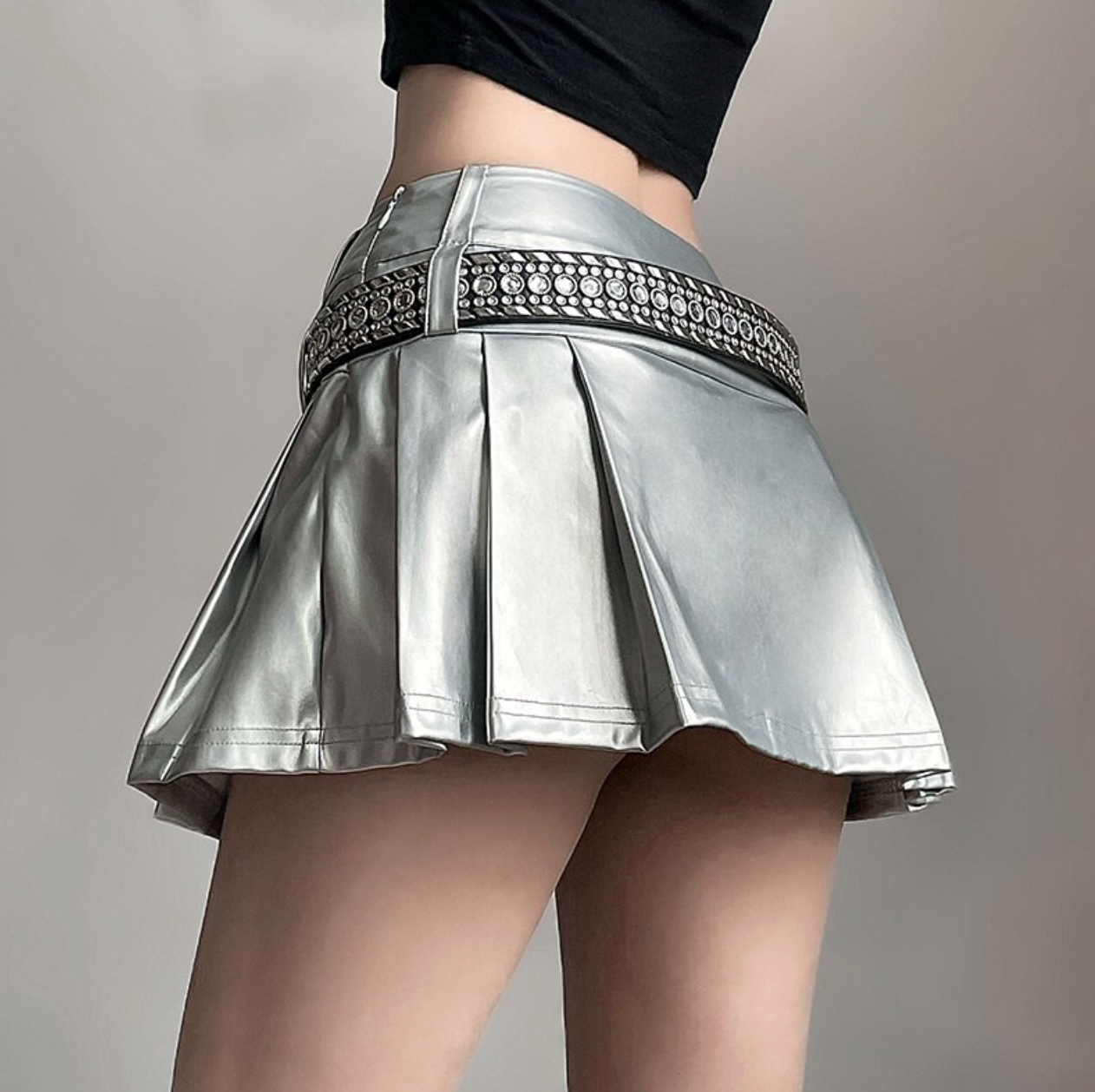 Silver High Waist Pleated Mini Skirts