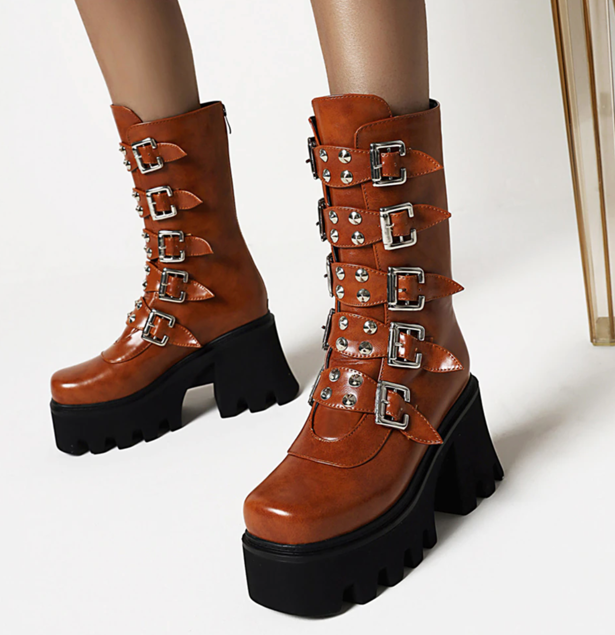 Buckle Straps With Zipper Boots