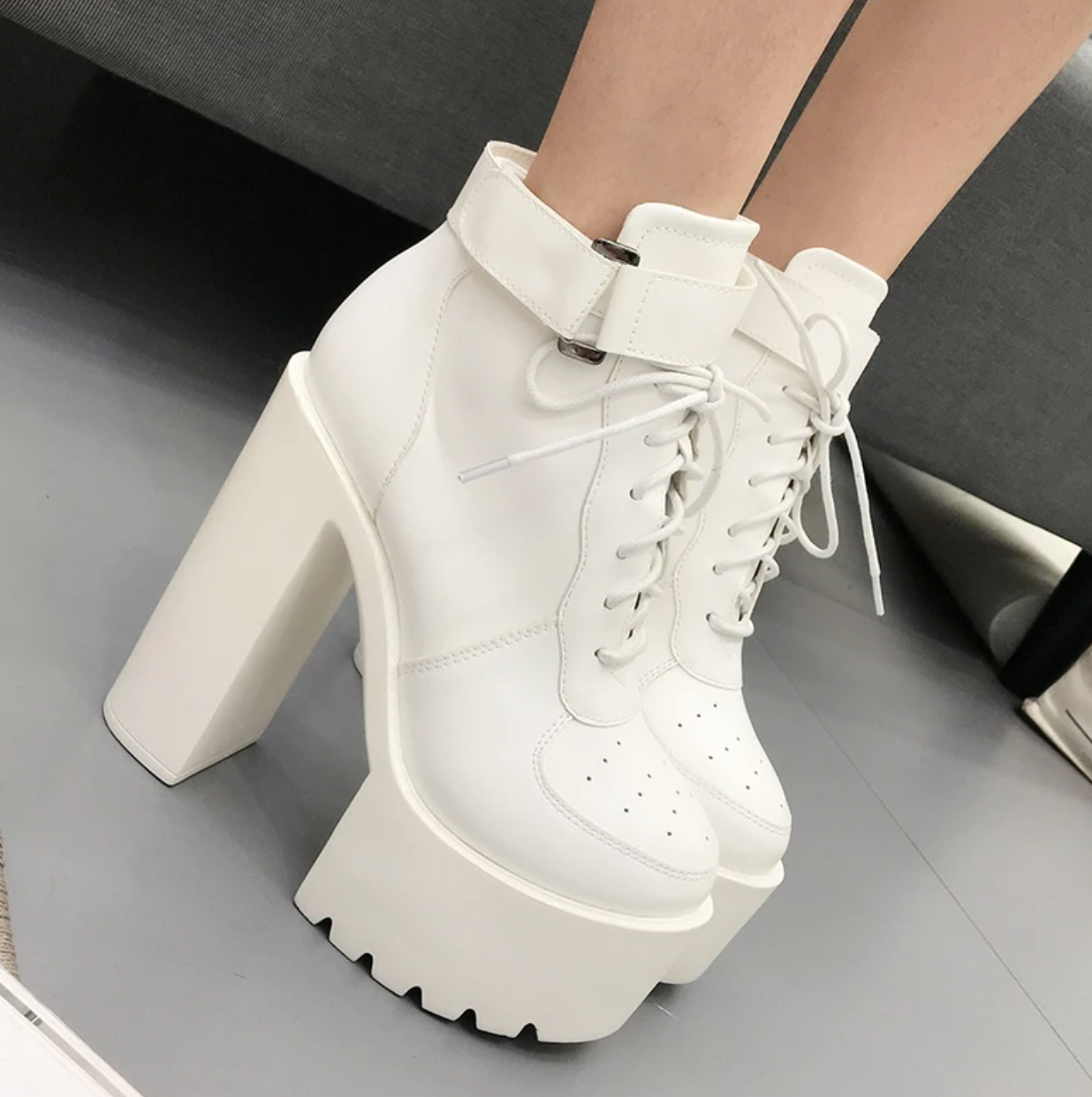 White High Heels Lace Up Ankle Boots