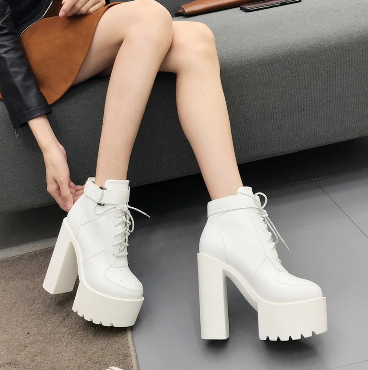 White High Heels Lace Up Ankle Boots