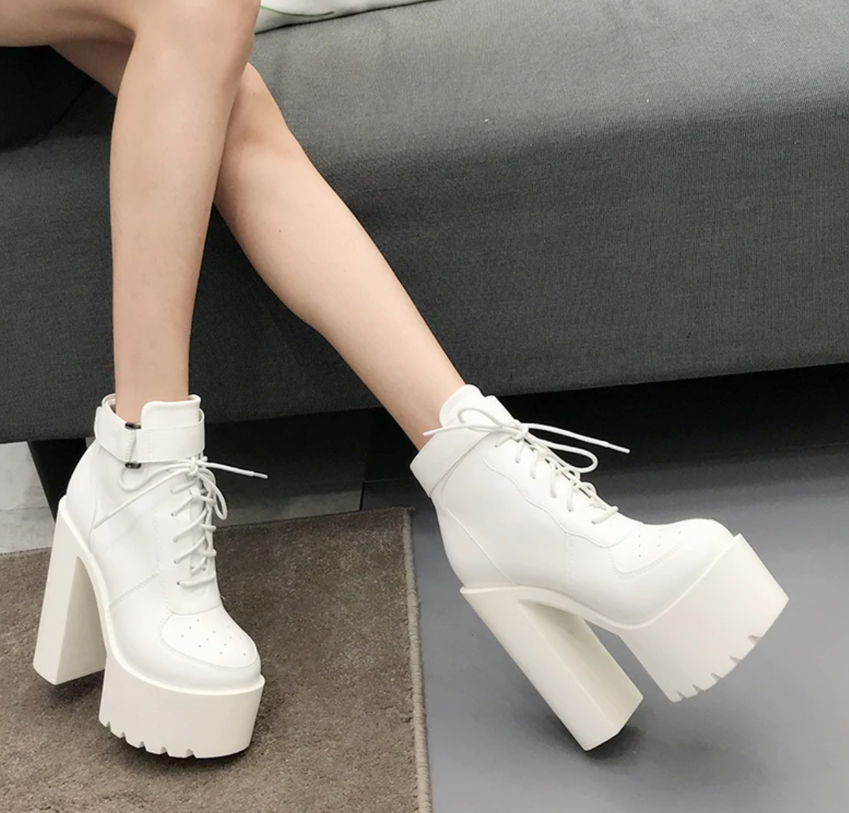 White High Heels Lace Up Ankle Boots