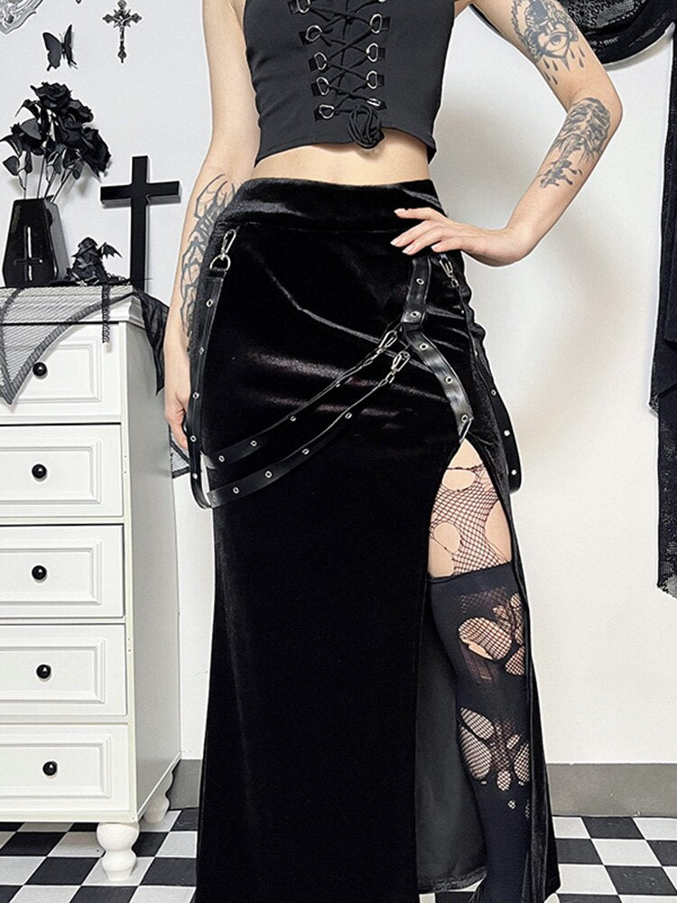 Velvet High Waist Side Split Skirt