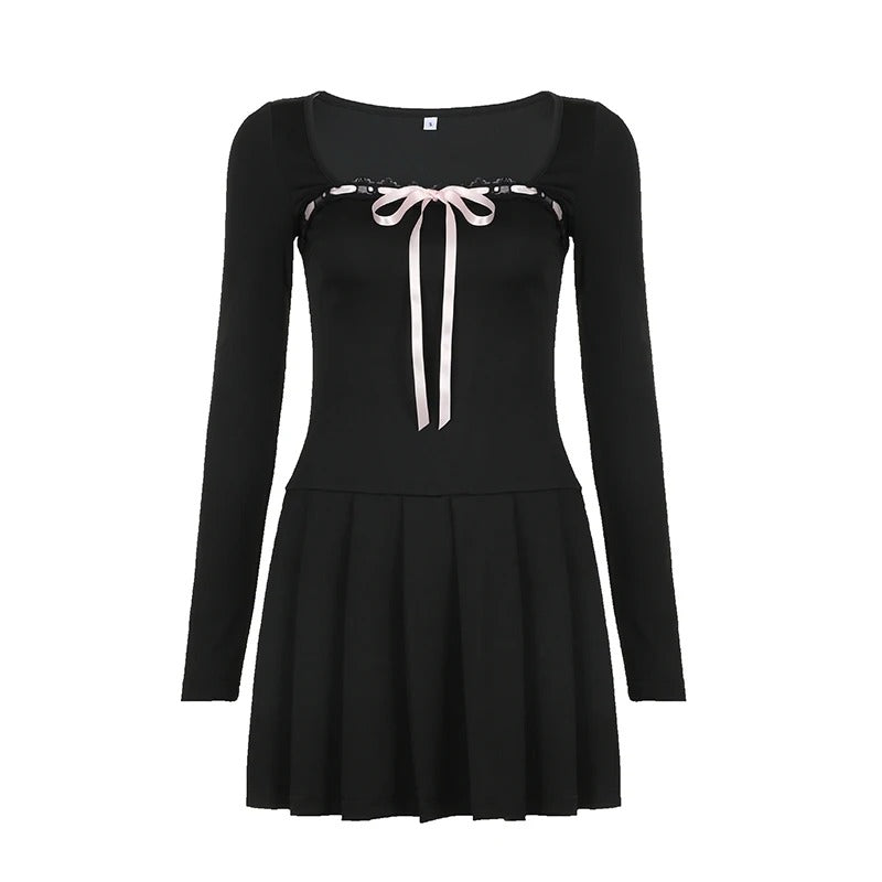 Lace Trim Bow Pleated Dress
