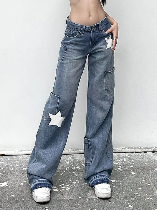 Star Print Low Rise Flared Jeans