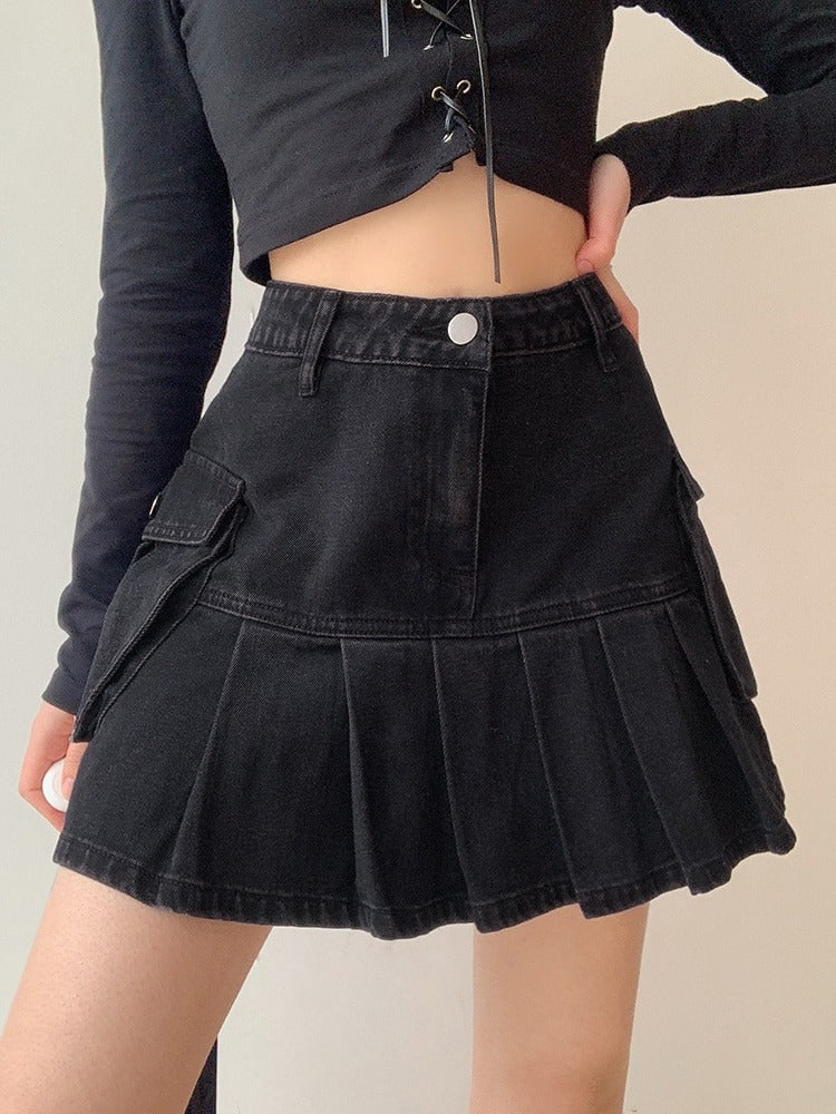 Black High Waist Mini Pockets Denim Skirt