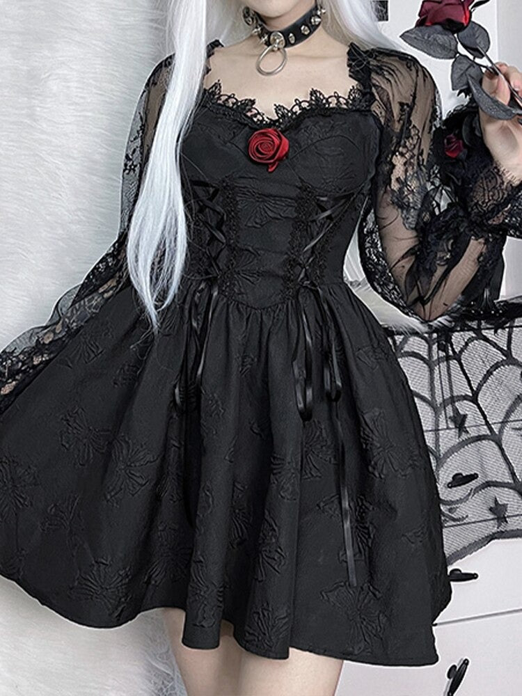 Red Rose Lace Sleeve Dress