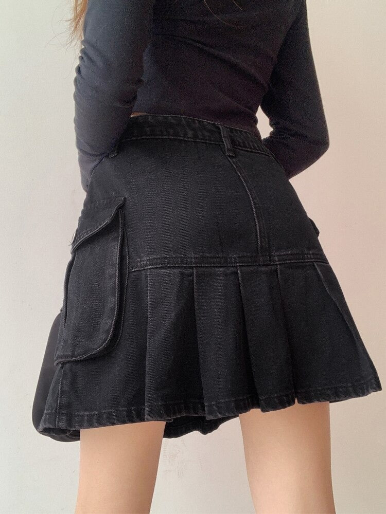 Black High Waist Mini Pockets Denim Skirt