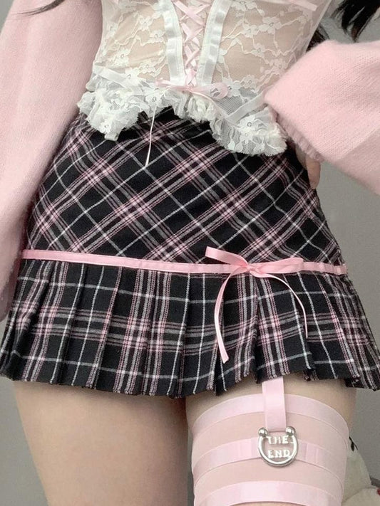 Ribbon Short Plaid Skirt