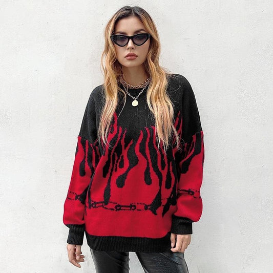 Red Flame Print Oversized Sweater