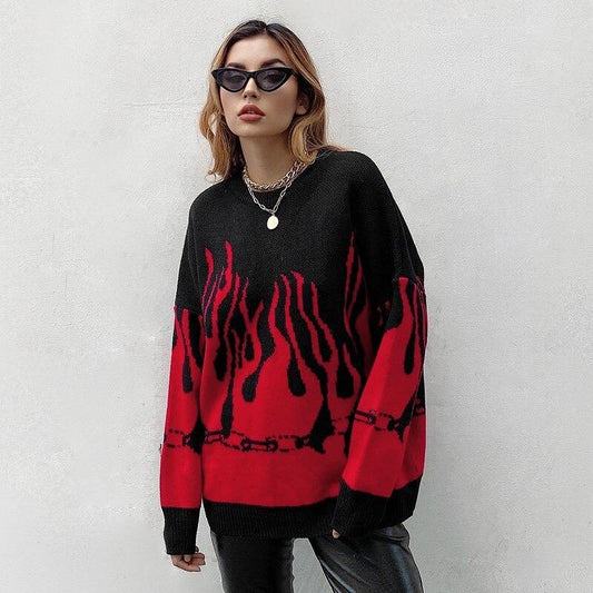 Red Flame Print Oversized Sweater