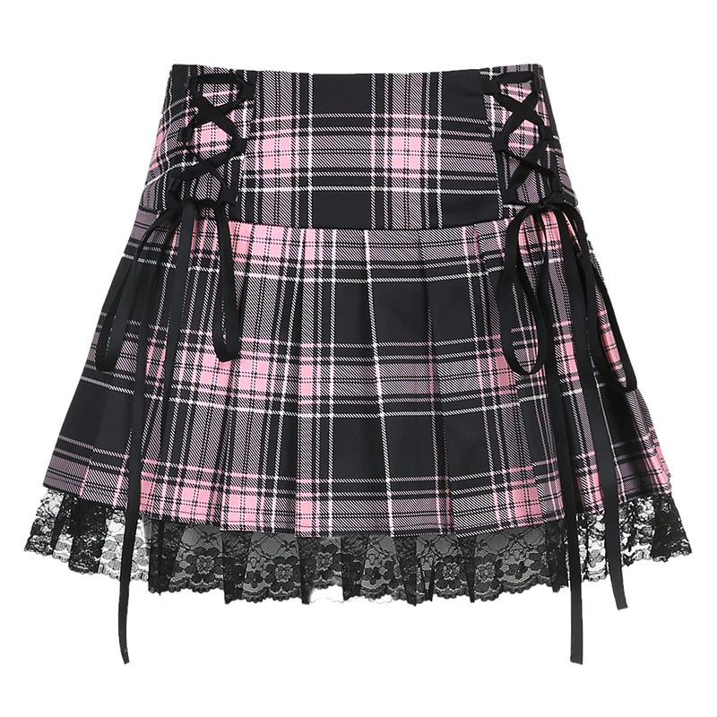 Tie Up Checkered Mini Skirt