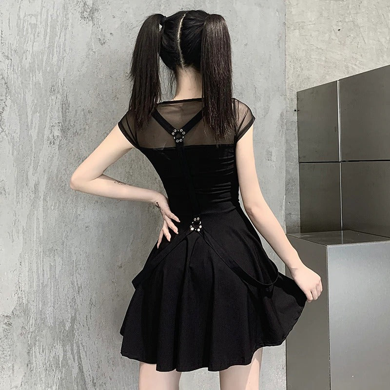 Mesh Hollow Out Black Mini Dress